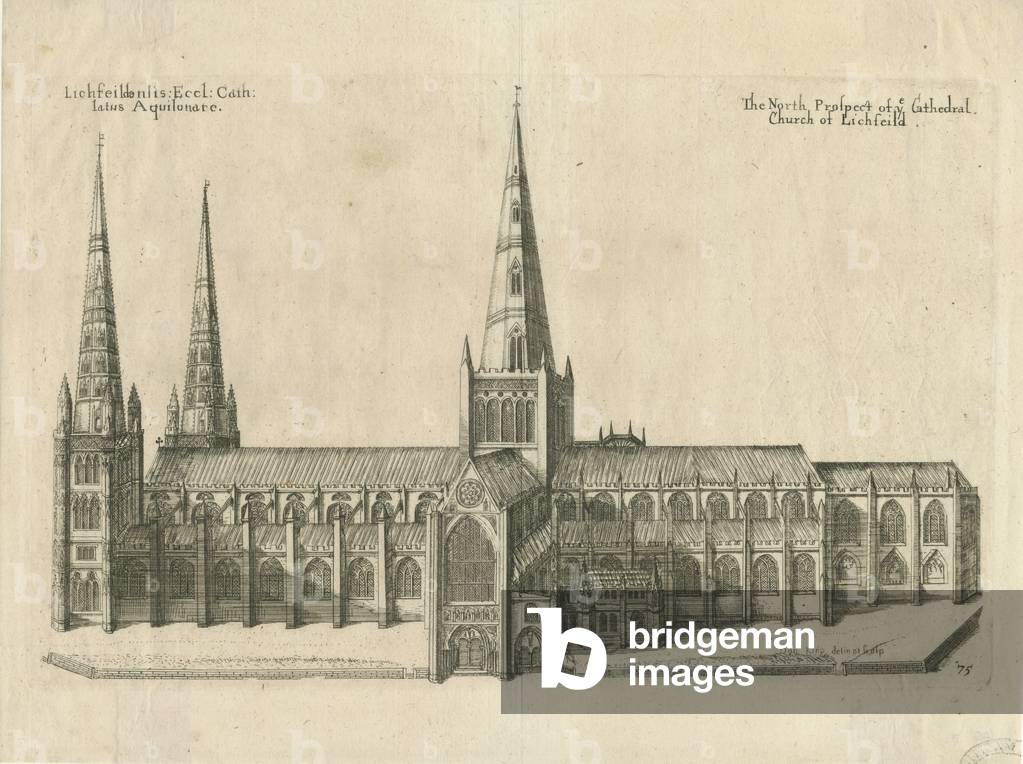 Lichfield Cathedral - South View: copper-plate engraving, nd [?mid 17th cent] (print)