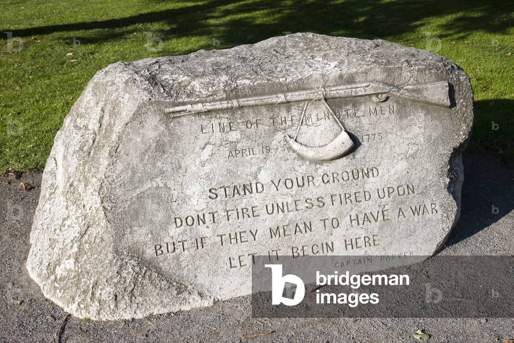 Commemorative stone on The Battle Green in Lexington, Boston, USA(photo)