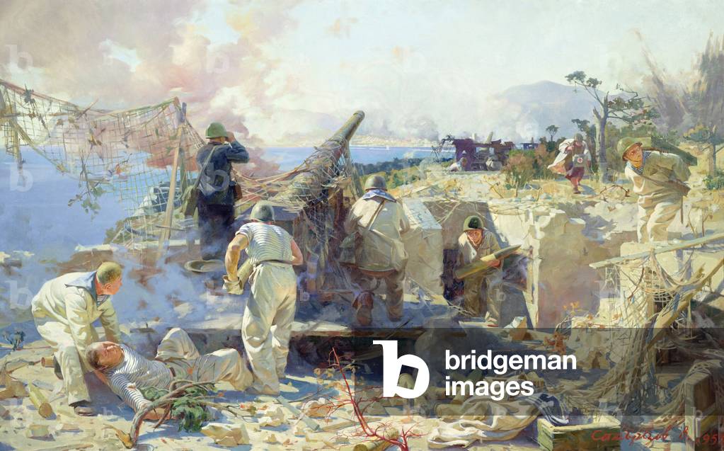 Artillerymen of the Black Sea Fleet fight for Novorossiysk in 1943, 1955 (oil on canvas)