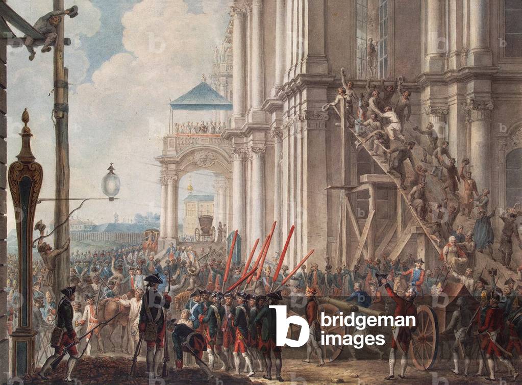 Catherine II on the Balcony of the Winter Palace, greeted by Guards and People on the Day of the Palace Revolution, 28th June, 1762 (colour litho)