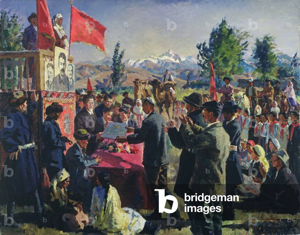 Mikhail Kalinin presenting a Deed of Property to a Kolkhoz, 1939 (oil on canvas)
