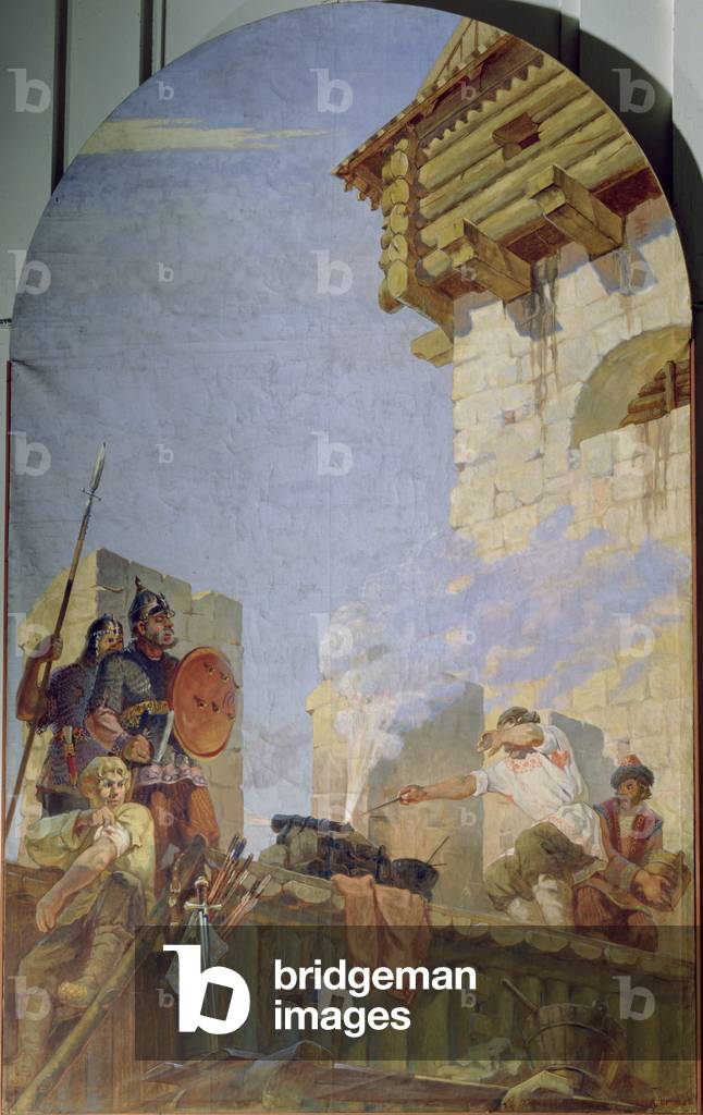 The Defence of Moscow against Khan Tokhtamysh, October 1382, 1955  (oil on 2anvas)