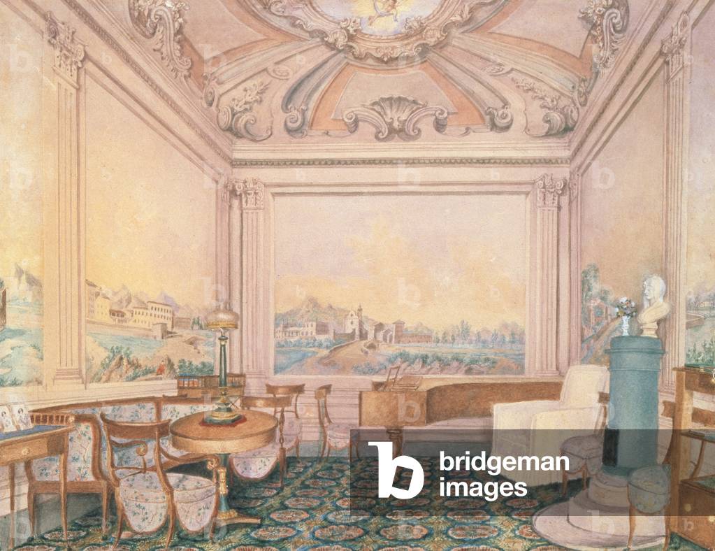 Interior of the reception room in a manor house, 1840-50s (w/c on paper)