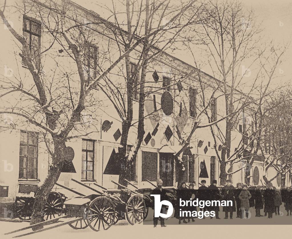 Malevich and Students of the Art School Decorating the White Barracks in Vitebsk, December 1919 (b/w photo)