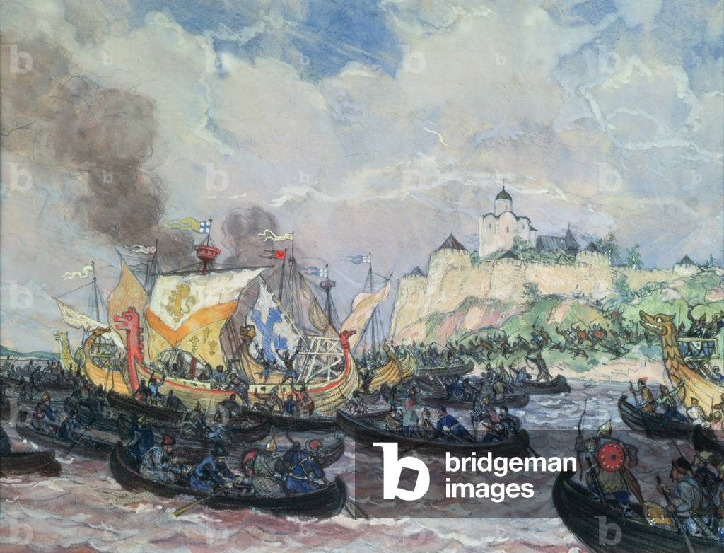Battle of Ladoga between Novgorodians and Swedes in 1164, 1948 (pencil and watercolour on paper)
