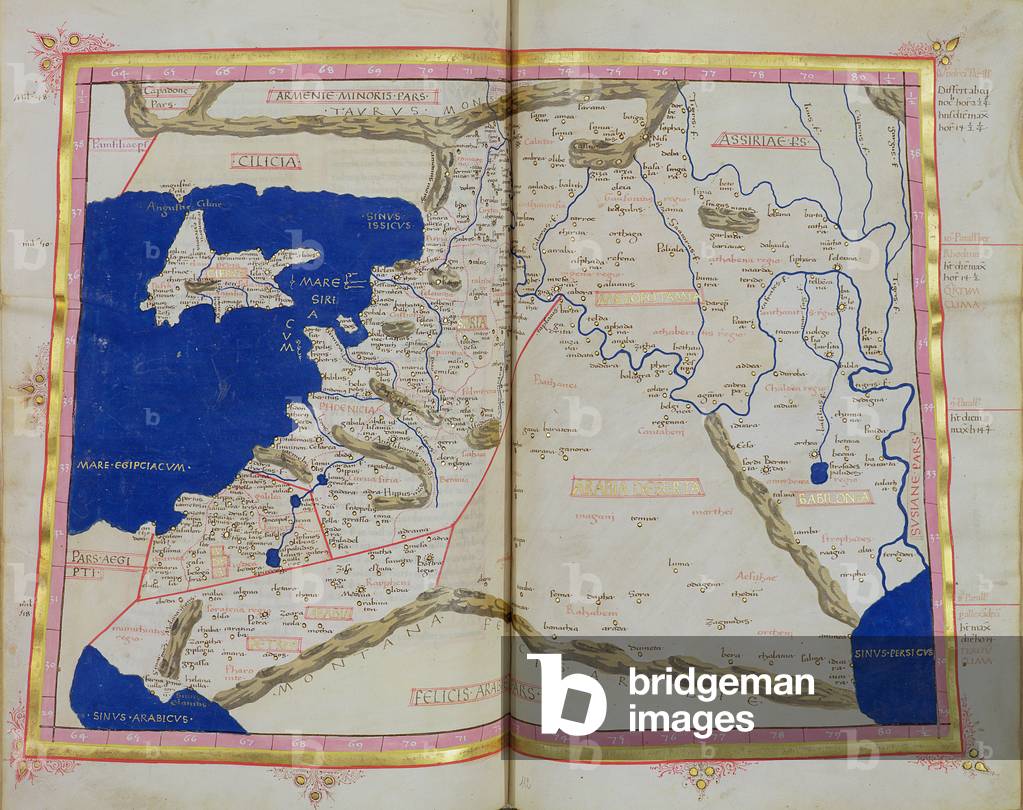 Ms Lat 463 f.111v-112r Map of Phoenicia, Mesopotamia and Babylon (vellum)