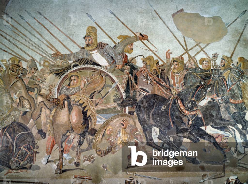 The Alexander Mosaic, detail depicting the Darius III (399-330 BC) at the Battle of Issus against Alexander the Great (356-323 BC) in 333 BC (mosaic) (detail of 154003)