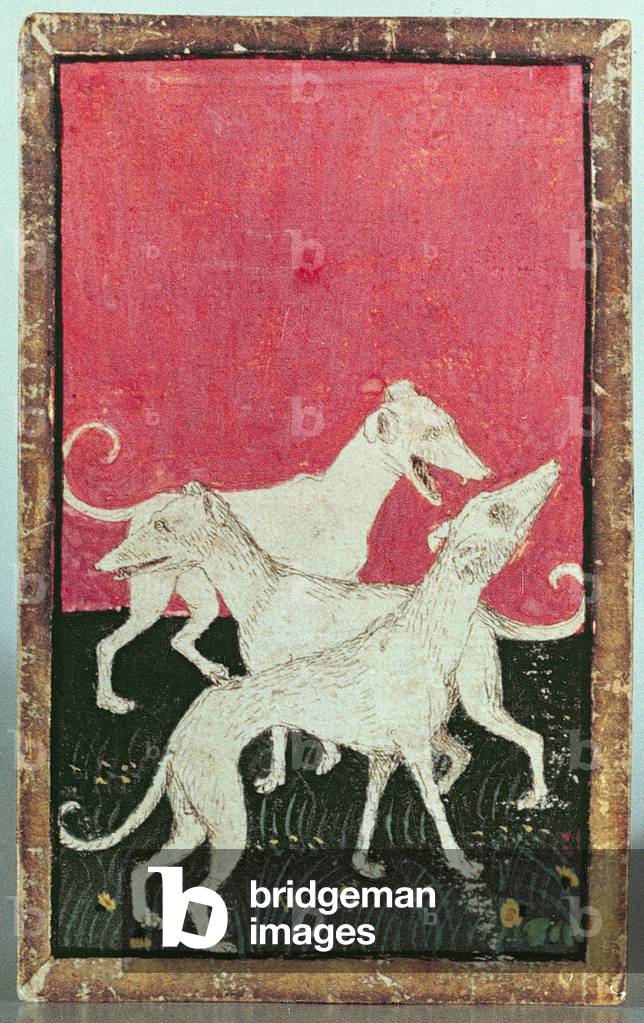 Tre cani da caccia, uno di un set di carte da gioco raffiguranti scene di vendita ambulante cortese, Upper Rhe