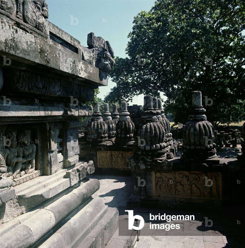 View of a lower gallery with balustrades surmounted by small stupas, erected c.800 (volcanic stone) (photo)
