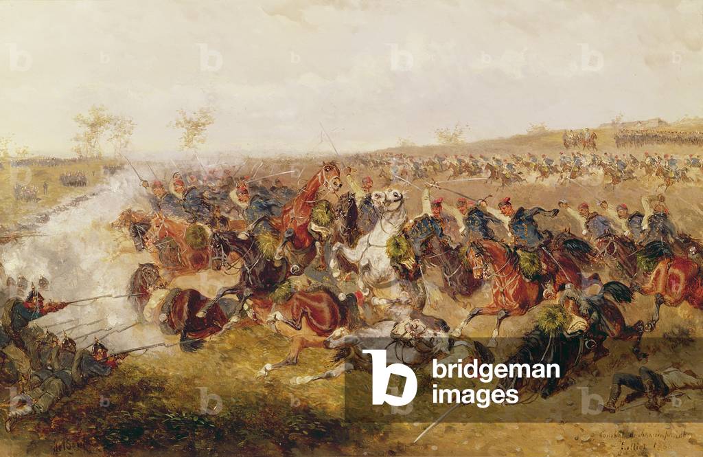 Image of Painting depicting Battle of Schweinschaedel, 19th century by Alexander Ritter von Bensa, b/w