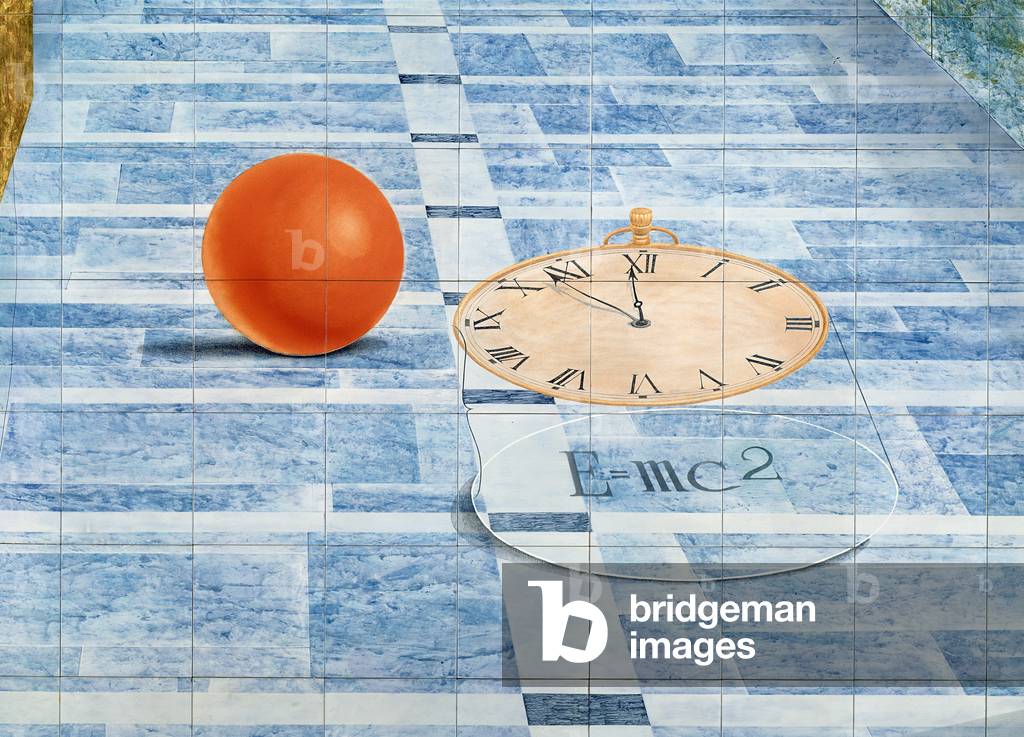 Europe, detail showing timepiece, orange sphere and formula for the Theory of Relativity (ceramic mural) (detail of 70727, see also 70728 and 70730)