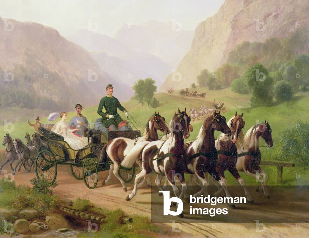 Emperor Franz Joseph I of Austria, being driven in his carriage with his wife Elizabeth of Bavaria in Bad Ischl, 1855