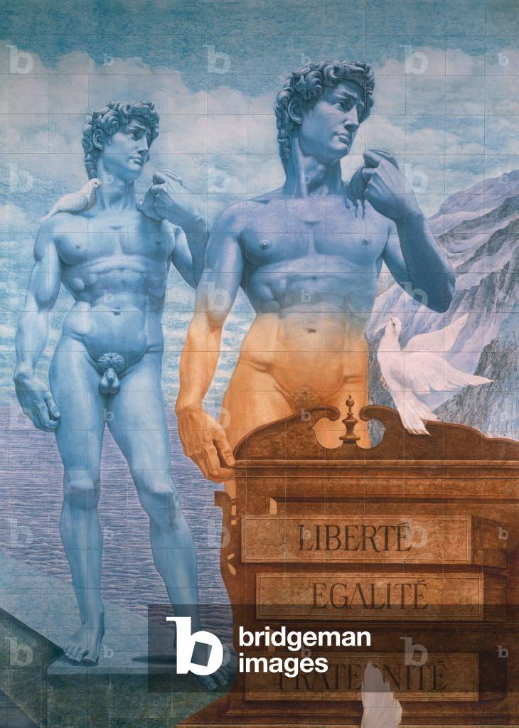 Europe showing right hand detail of two statues of Michelangelo's David (ceramic mural) (detail of 70727, see also 71728-29)