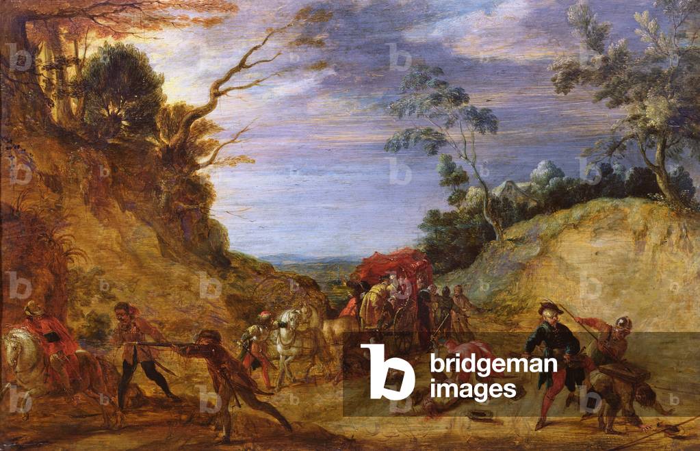 Viaggiatori attaccati da banditi (olio su pannello)