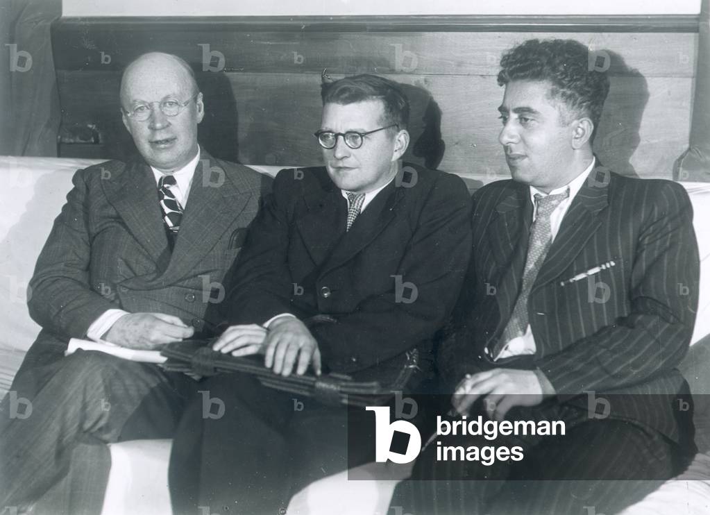 The composers Sergei Prokofiev, Dmitri Shostakovich and Aram Khachaturian, 1945 (b/w photo)