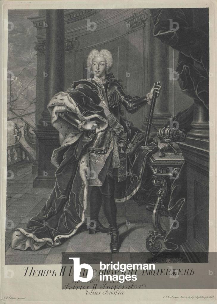 Portrait of Peter II, engraved by Christian Albrecht Wortmann, 1729 (engraving)