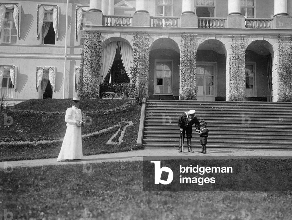 Empress Alexandra Fyodorovna with Tsarevich Alexei of Russia, at the Summer Residence Ropsha, from the studio of K. von Hahn (b/w photo)