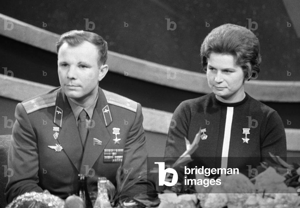 The cosmonauts Yuri Gagarin and Valentina Tereshkova (b/w photo)