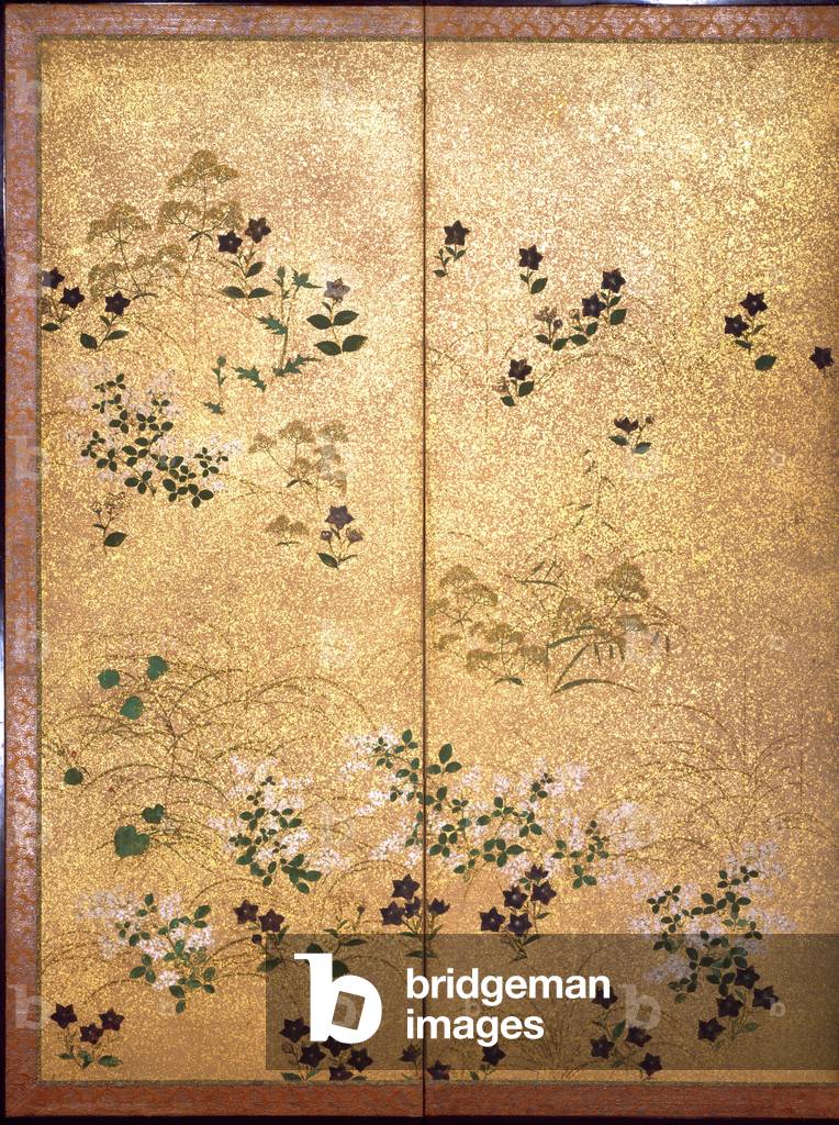 Autumn grasses, detail from a pair of six-panel folding screens, Edo Period (w/c & gold leaf on paper)