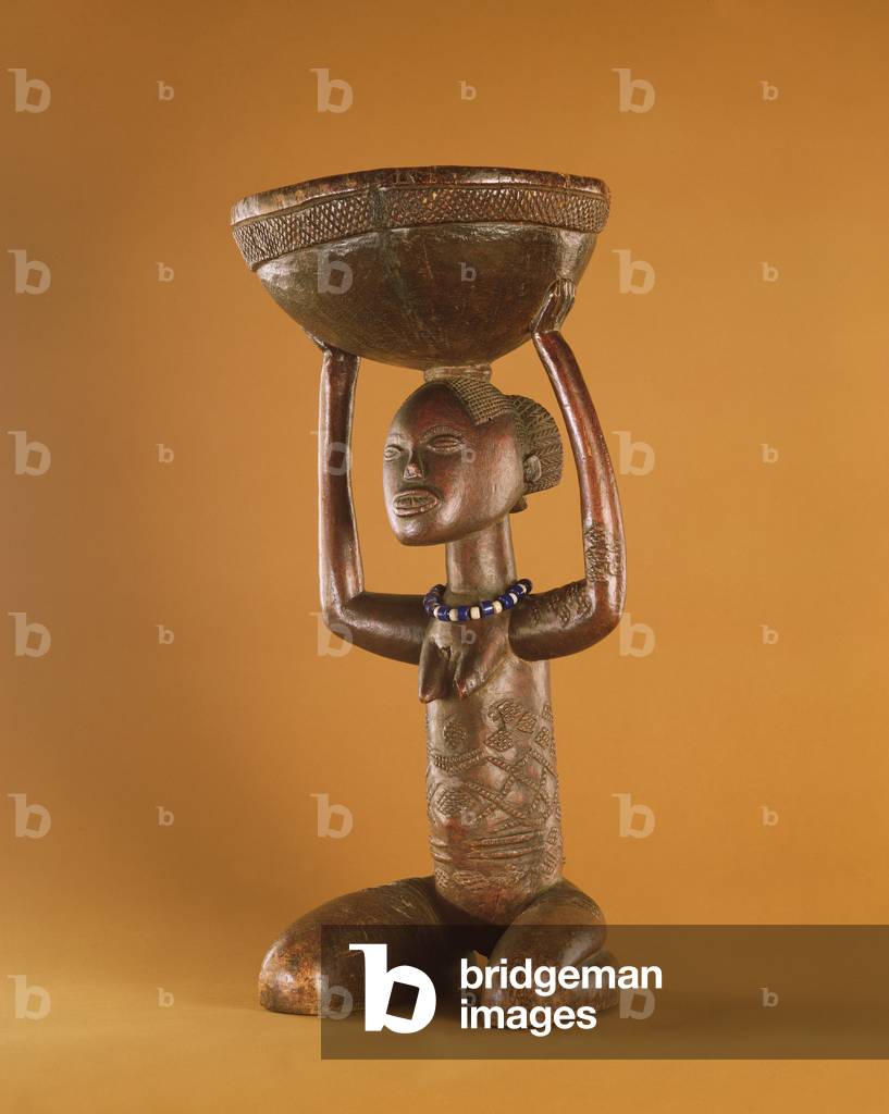 Stoolwith a kneeling female caryatid, Democratic Republic of the Congo (wood & glass beads) (see also 356005)