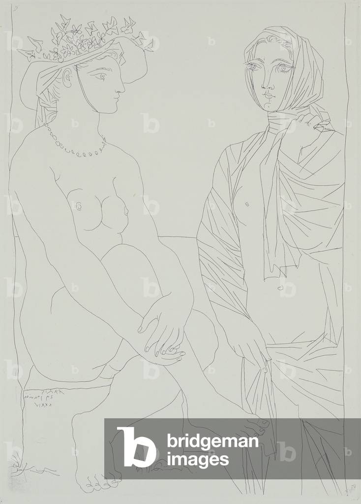 Donna seduta con cappello e donna in piedi con drappeggio, da 'La Suite Vollard', 1930-37 (incisione)