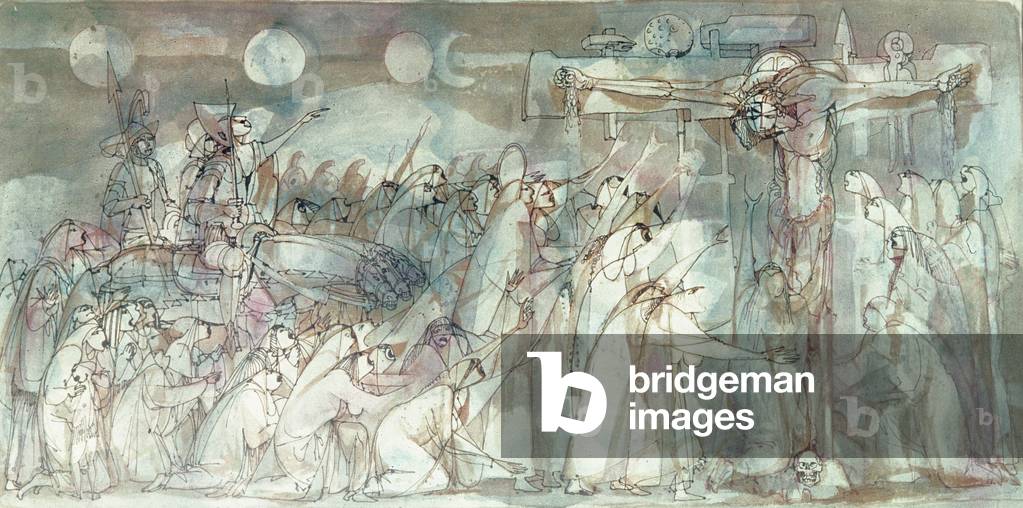"Kreuzigung (Stift & Tinte und w/c auf Papier)", 20. Jahrhundert von W. C. Mirico