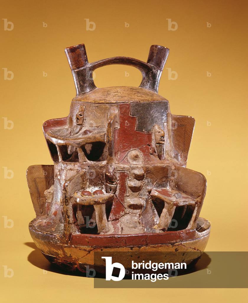 Pottery vessel depicting houses nestled into the Andes (earthenware)