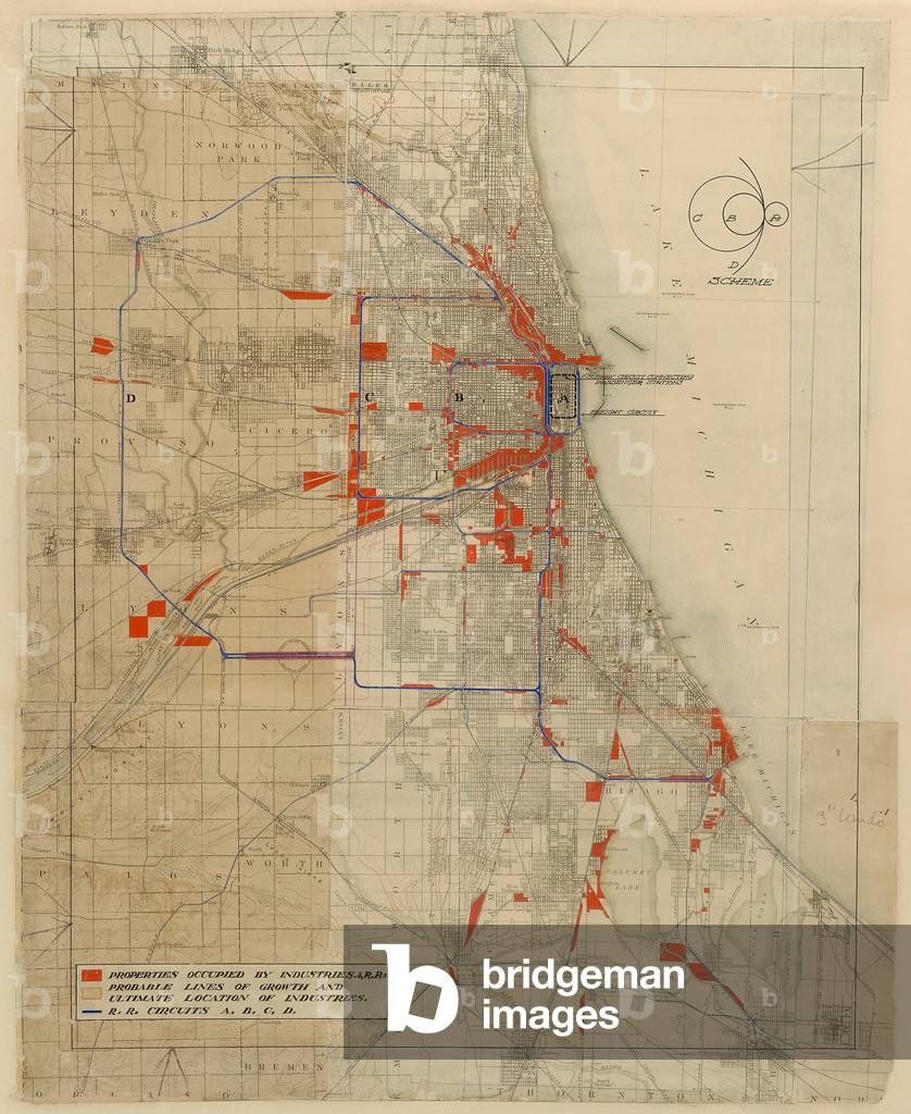 Plan of Chicago, Chicago, Illinois, Railroad Circuits Diagram, 1909 (colored ink and paint on a printed map)