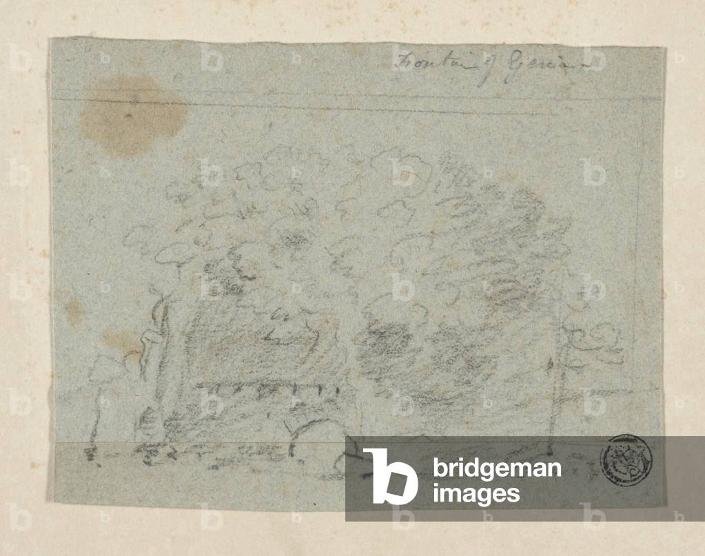 Sketch of Trees Near Bridge (charcoal & graphite on blue laid paper, tipped onto cream wove paper)