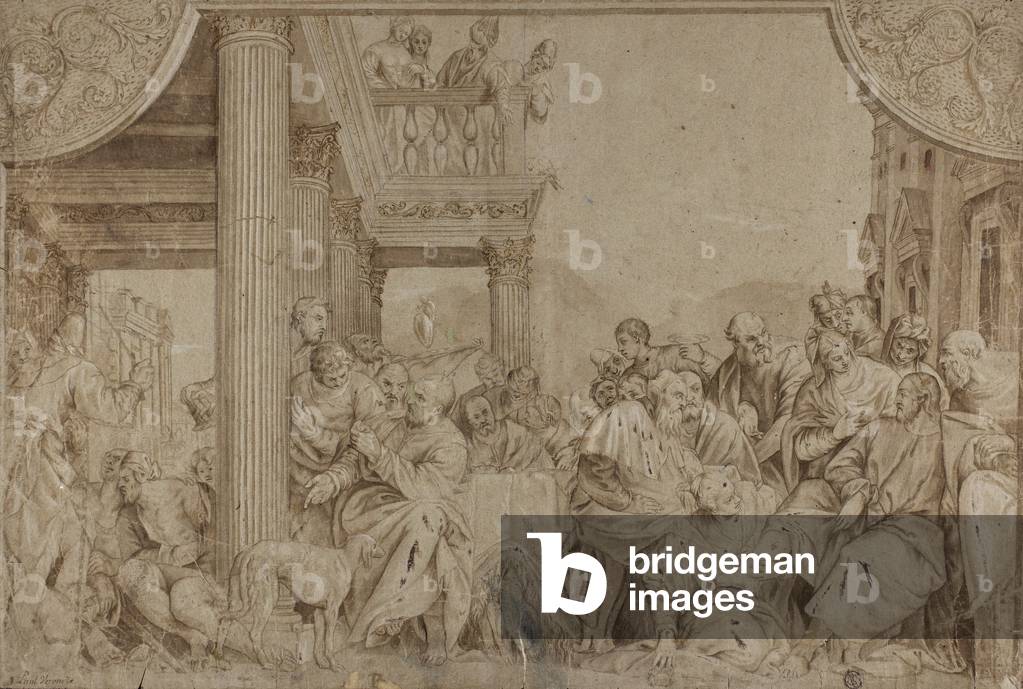 Christ in the House of Simon, late 17th-early 18th century (pen & brown ink with brush & brown wash, heightened with lead white (partly oxidized), over black chalk, on blue-gray laid paper, laid down on ivory laid paper)