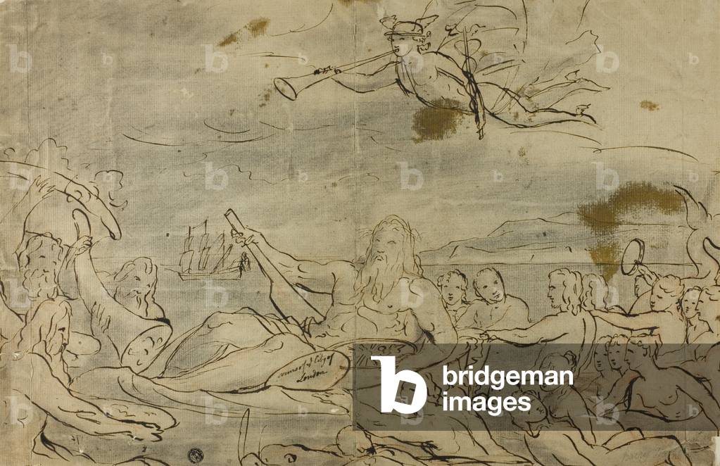 Study for Commerce or the Triumph of the Thames, 1767-80 (pen and brown ink over red and black chalk on tan laid paper, laid down on ivory wove paper)