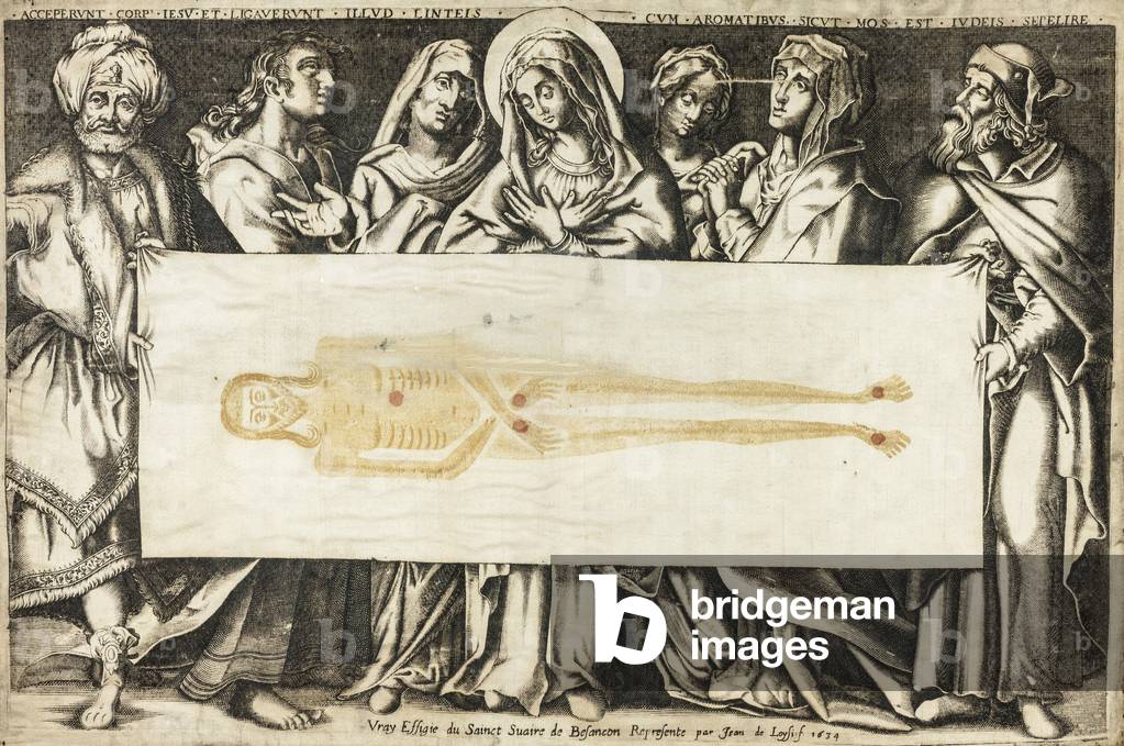 The Holy Shroud of Besançon, 1634 (engraving in black and yellowish brown, with hand additions in red gouache on cream, silk satin weave, folded)
