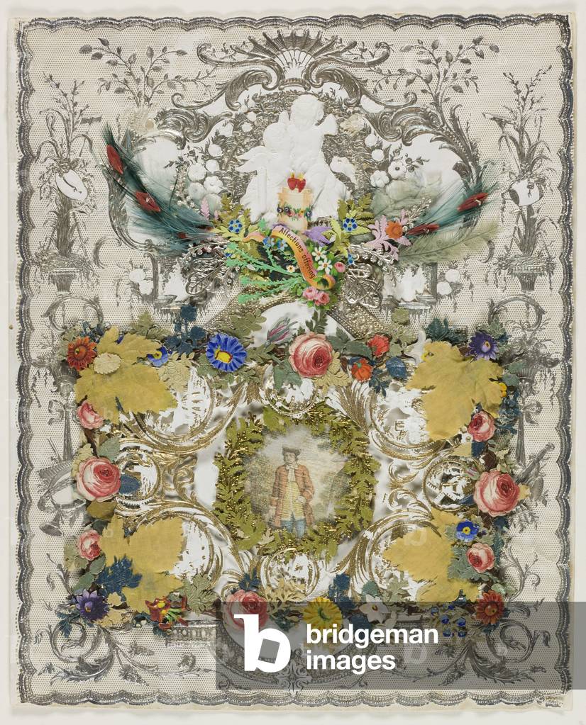 Affections Offering (Valentine), c.1850 (collaged elements with w/c & silver & gold paint on cut & embossed ivory wove paper (lace))