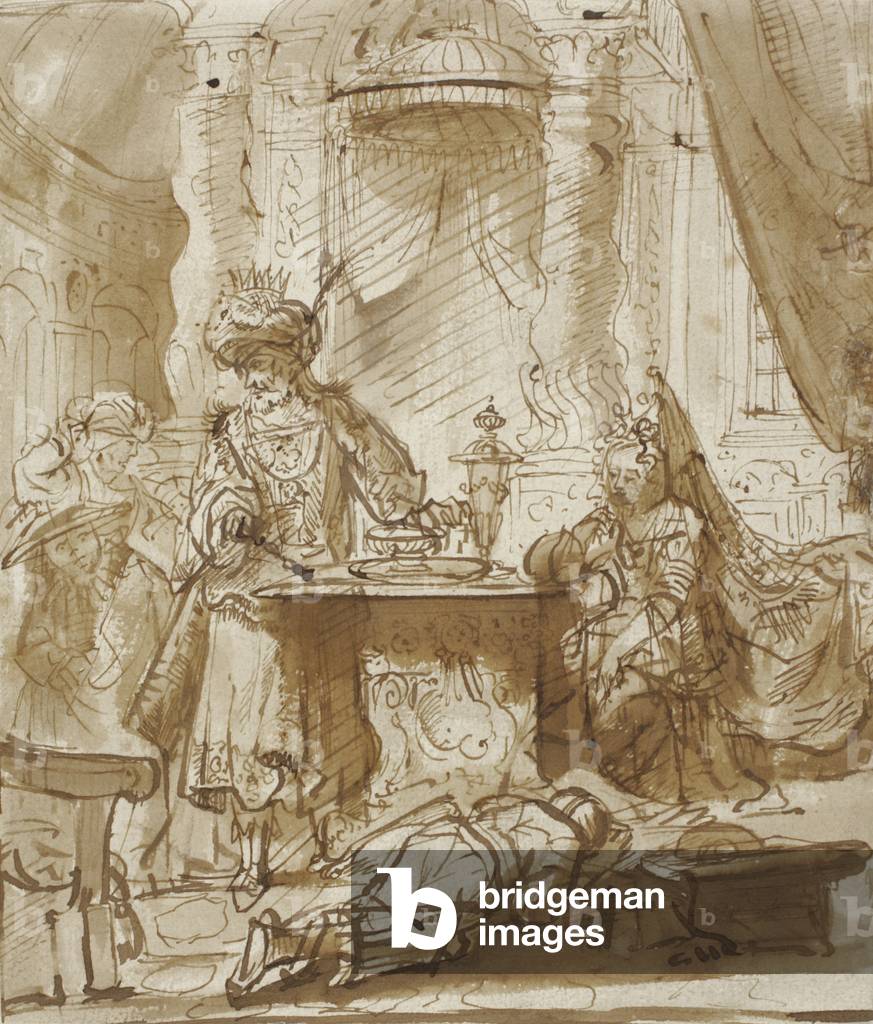 The Degradation of Haman before Ahasuerus and Esther (pen & brown ink, with brush & brown wash, on ivory laid paper)