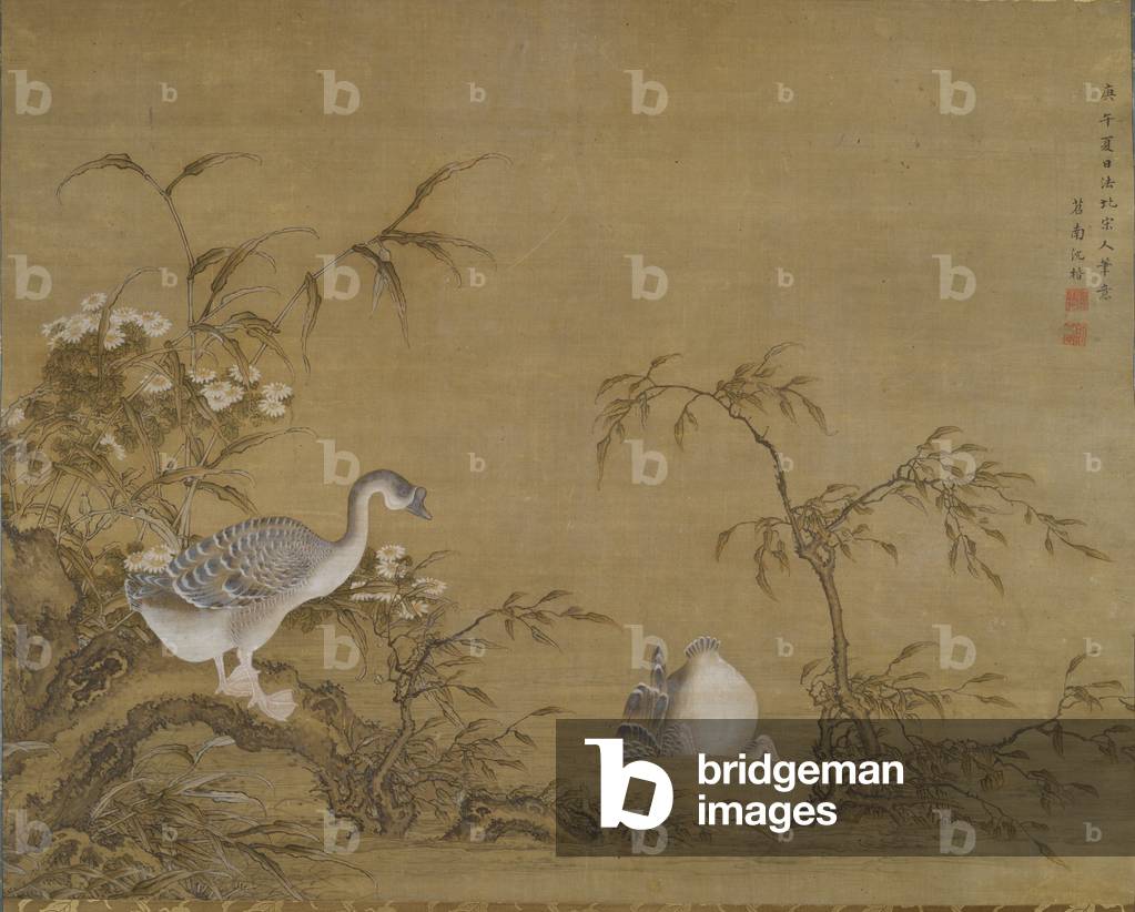 Geese on a Riverbank, Qing dynasty (1644-1911), 1750 (hanging scroll, ink & colour on silk)
