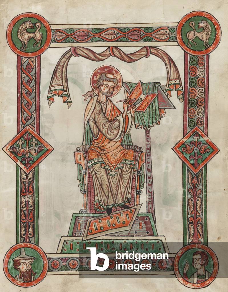 St. Gregory as Author, 1181-1200 (manuscript page with double sided miniatures in opaque w/c on parchment)