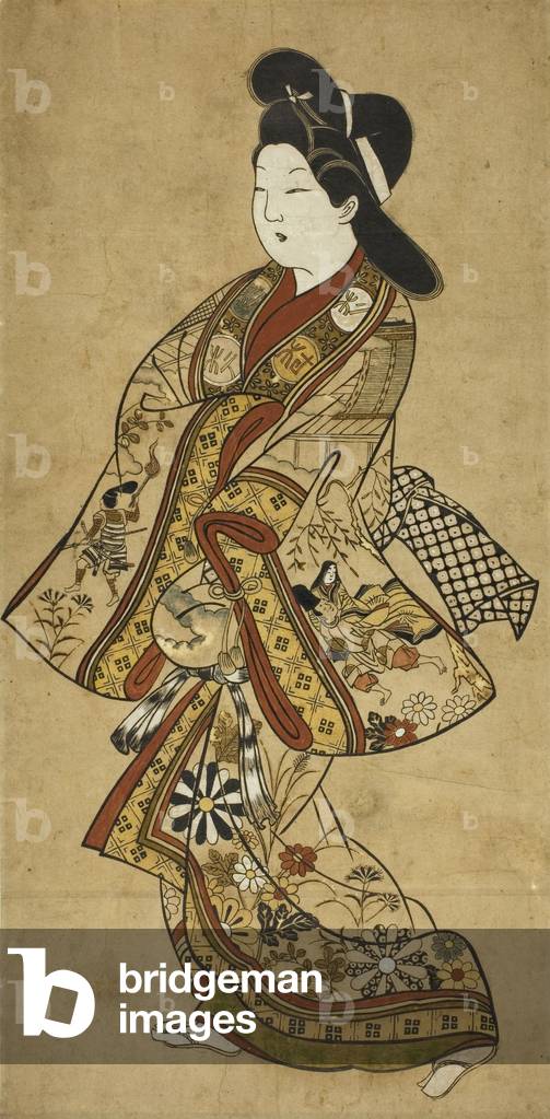 A Beauty Walking, 17th century (hand-coloured woodblock print)