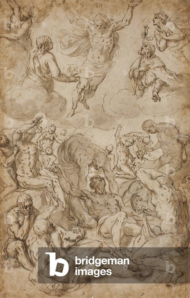 Saint Roch and the Virgin Interceding with Christ on Behalf of Plague Victims (pen & brown ink with brush & gray-brown wash, over black chalk, on tan laid paper; later additions of white gouache)