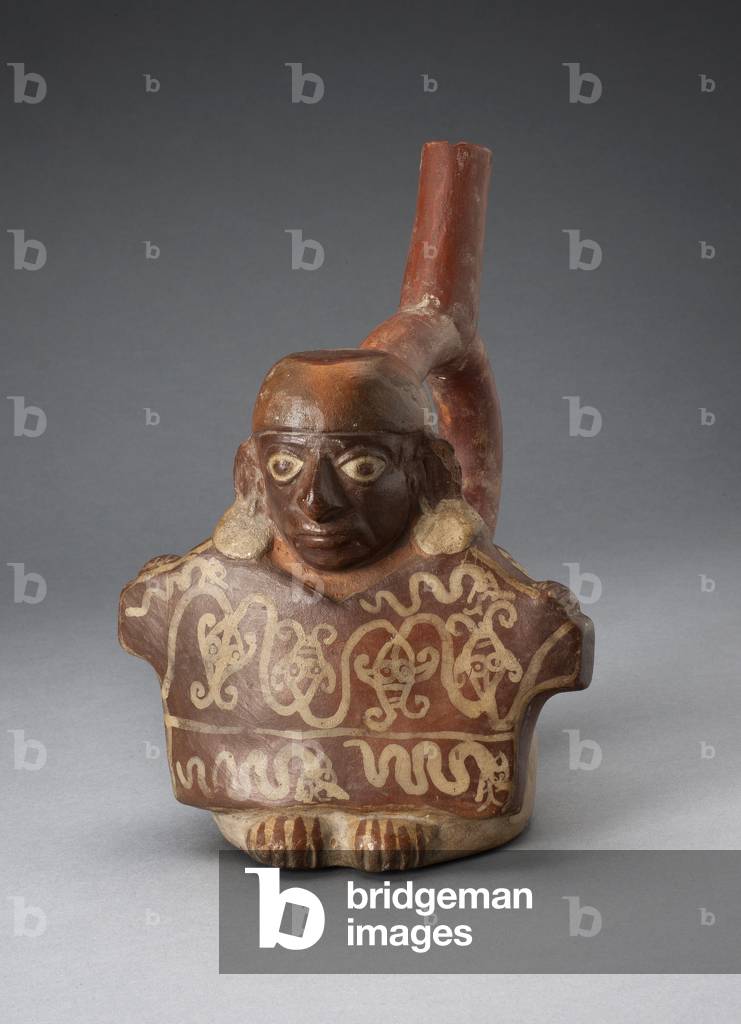 Stirrup Spout Vessel Depicting Man Holding Decorated Textile, 100 BC-AD 500 (ceramic & pigment)