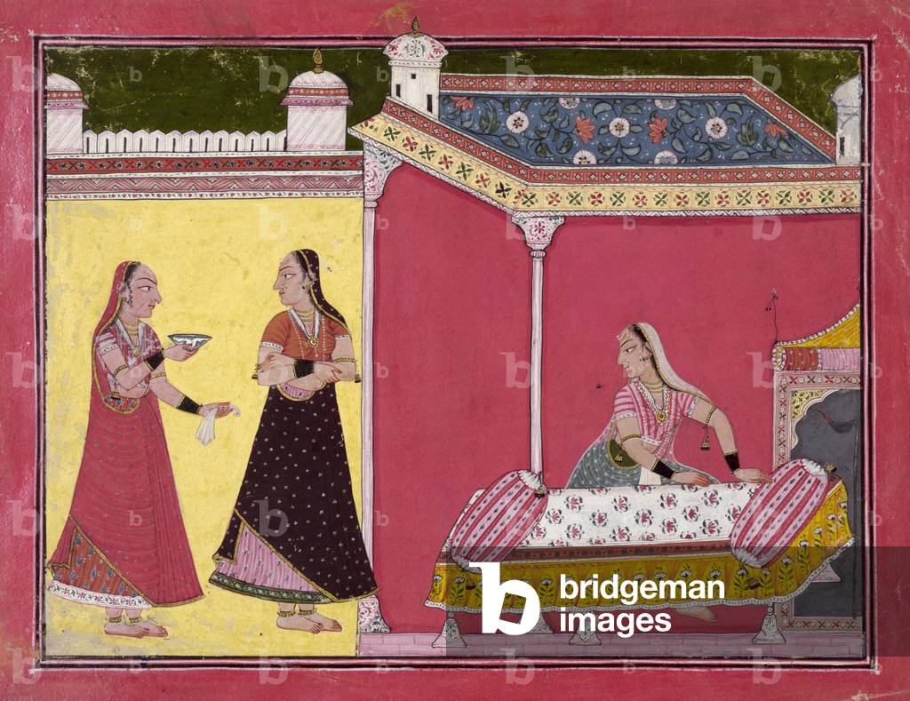 Preparing the Bed, Bilaspur, c.1690-1700 (gouache on paper)