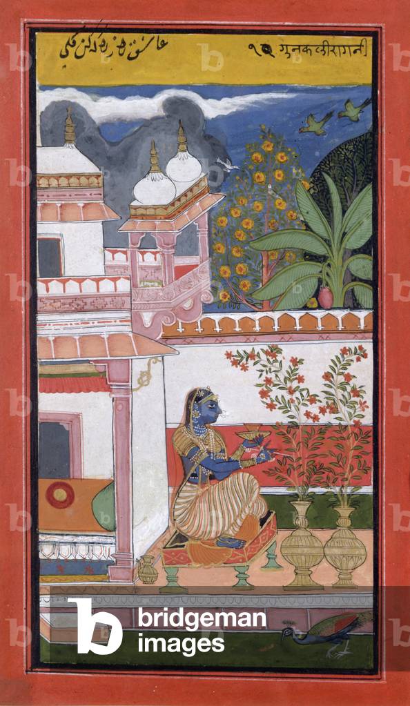 A lady picking flowers from a pot, Bundi, Rajasthan, Rajput School, c.1680, (gouache on paper)