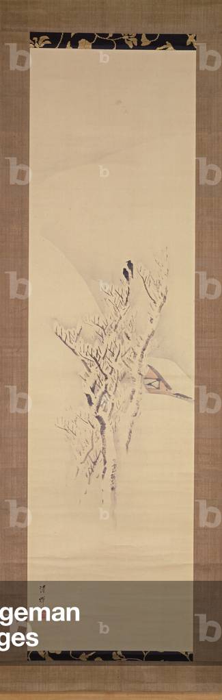 Snowy landscape with crows in tree, c.1820-50 (ink and colours on paper)