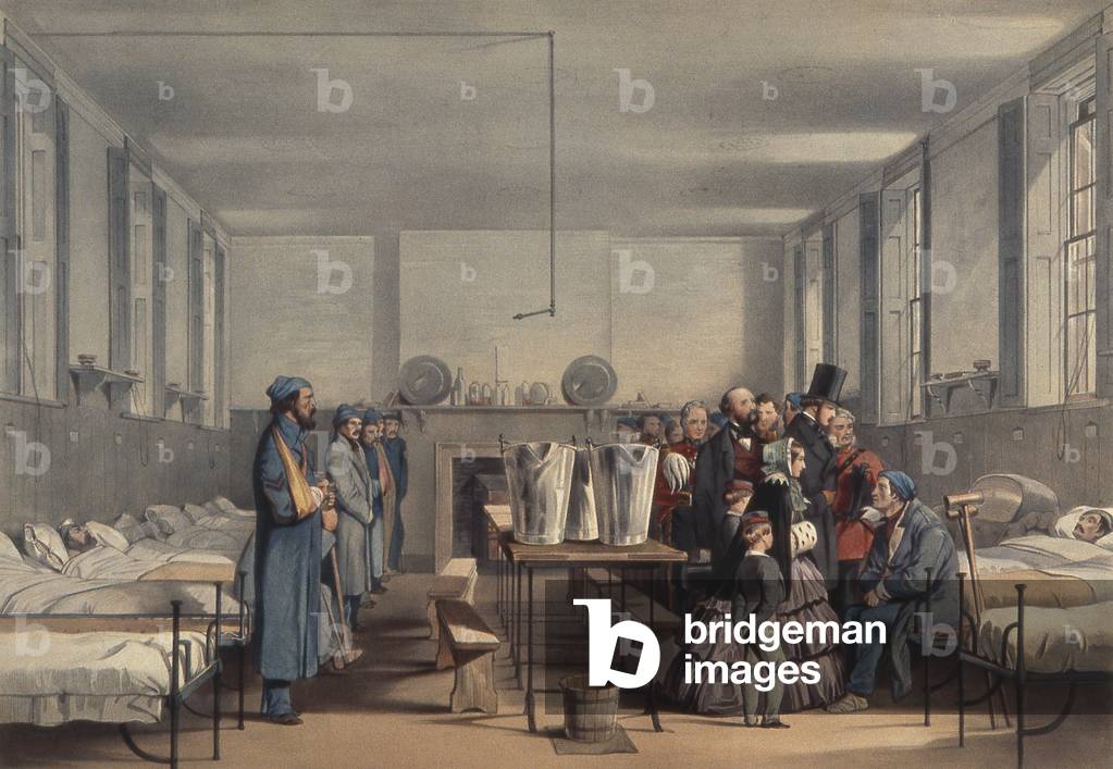Queen Victoria and Prince Albert visiting soldiers wounded in the Crimean War, at Brompton Hospital, Chatham, 1855 (lithograph)