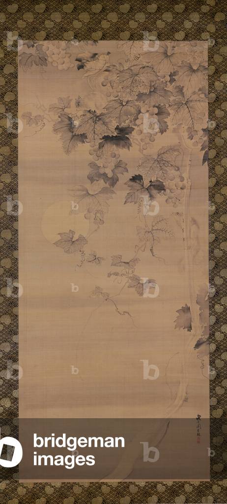 Squirrel on grape vine in moonlight (ink on silk)