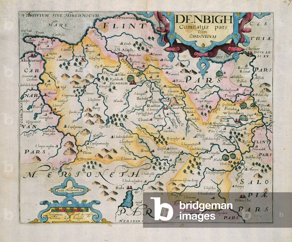 Mappa di Denbigh e Flint, da 'Britannia' di William Camden, 1637 (incisione di rame)