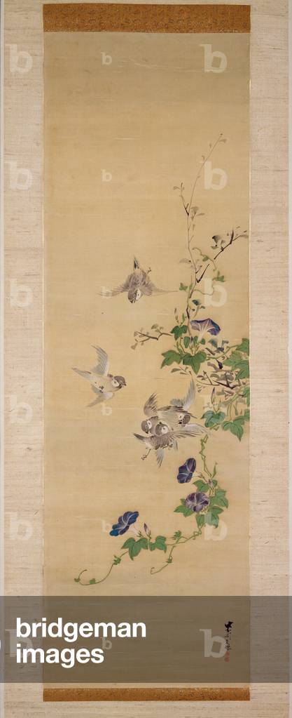 Sparrows and morning glory (ink and colours on silk) 