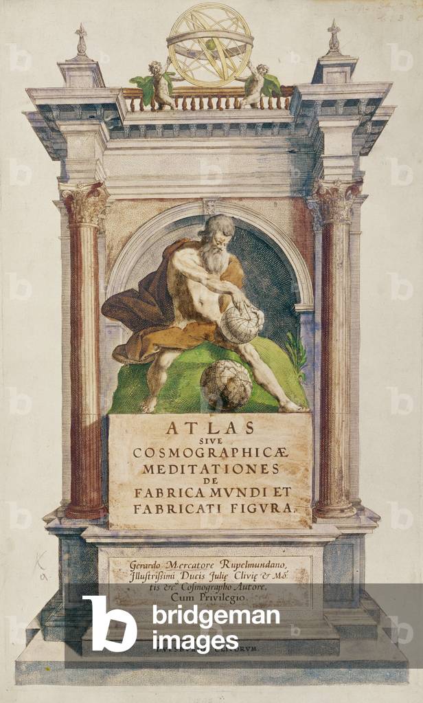 Title page from Mercator's 'Atlas sive Cosmographicae meditationes de fabrica mundi et fabricati figura', 1595 (colour engraving)