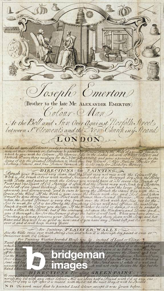Trade sheet of Joseph Emerton, Colour Man. advertising supplies of materials for painters and artists, c.1744 (printed paper)