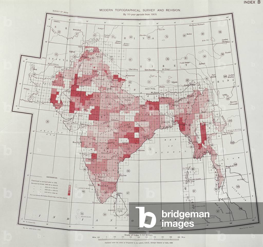 Modern Topographical Survey and Revision, By 10-Year Periods from 1905, published under the orders of Brigadier C.G. Lewis, O.B.E., Surveyor General of India, 1939 (colour litho)