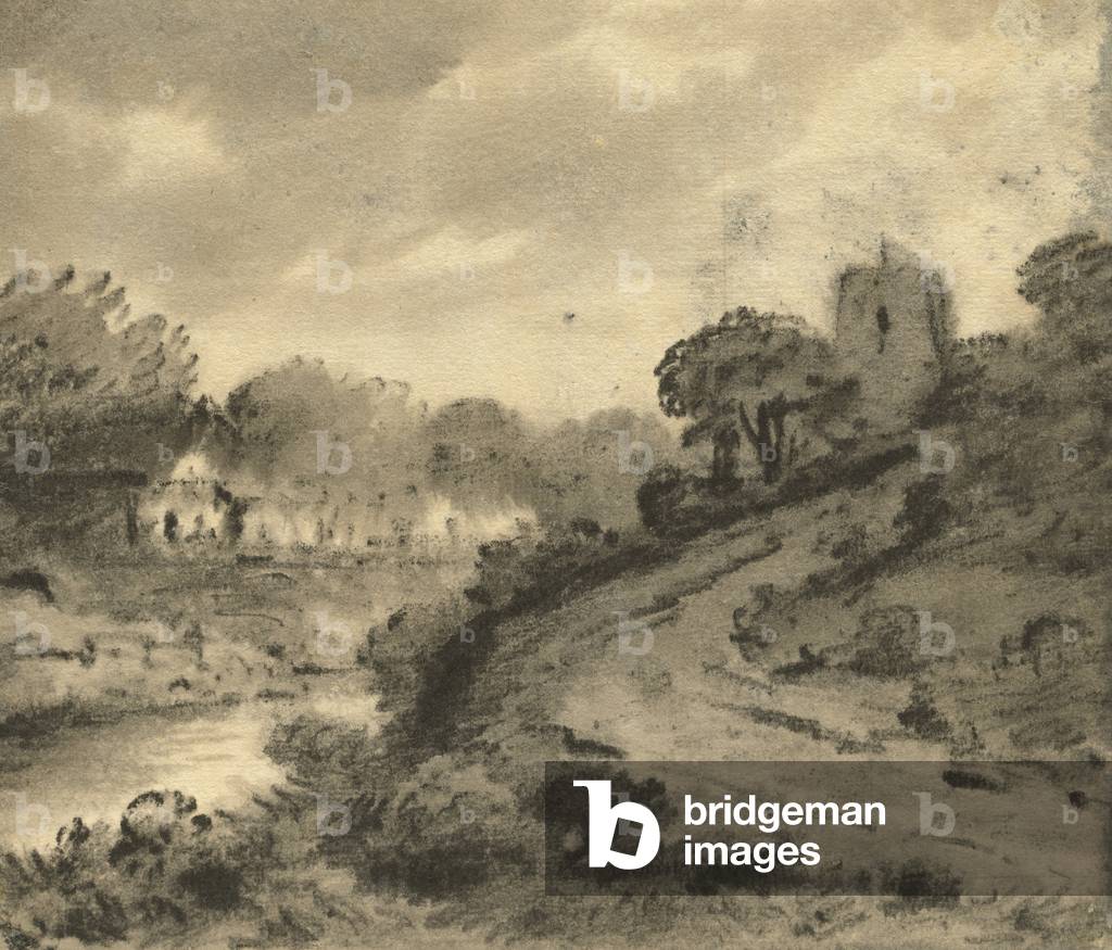 A wooded river landscape with a rock in the left foreground, c.1800 (graphite & black chalk with w/c on cream laid paper)
